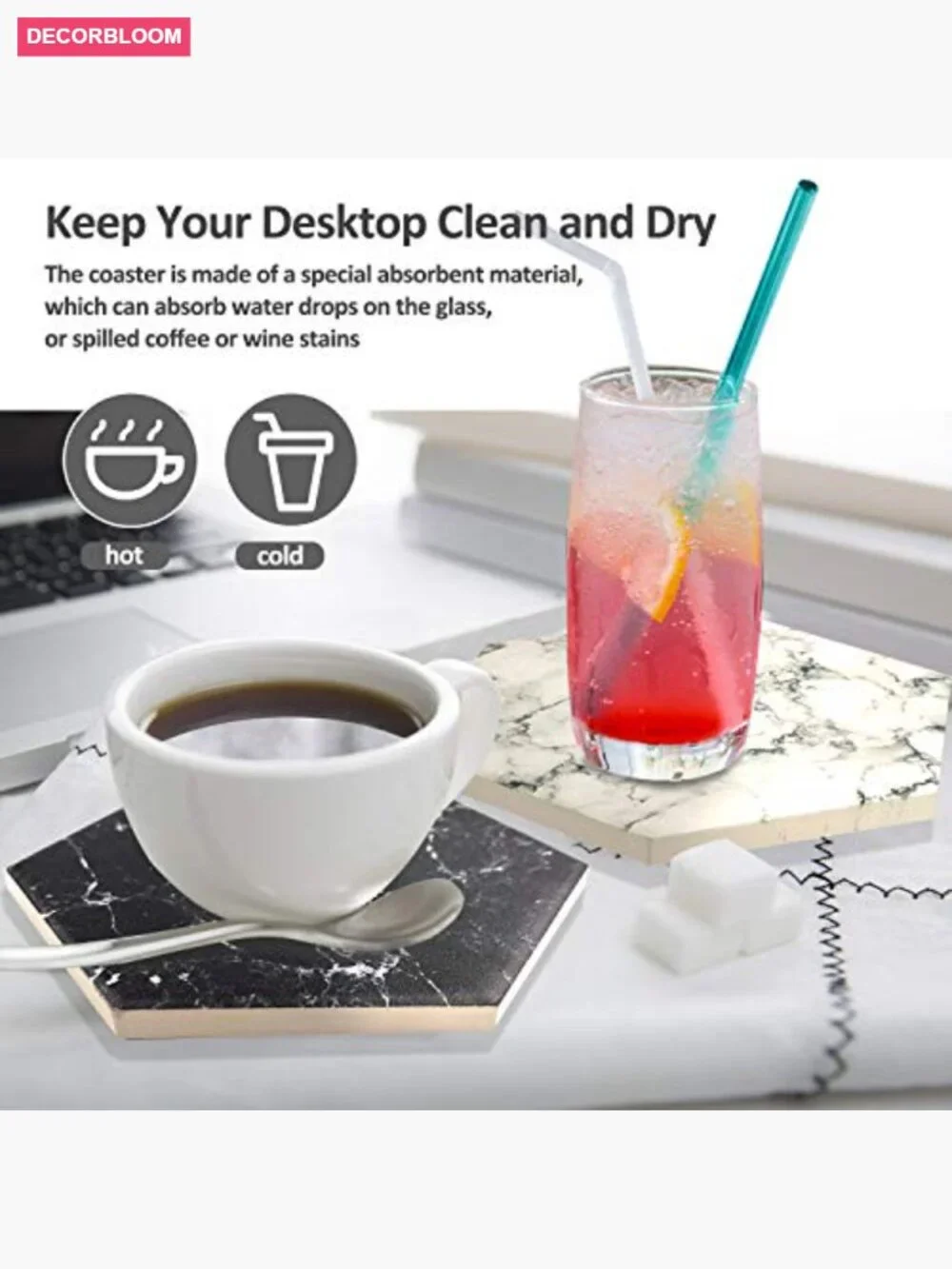 Ceramic Coaster Set of 8 with Metal Holder, Cork Base, Absorbent